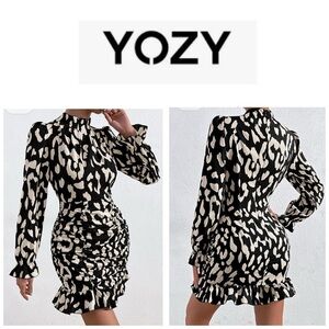 🆕Yozy Long Sleeve Stand Collar Mock Neck Flounce Sleeve Ruched Ruffle Dress L🆕